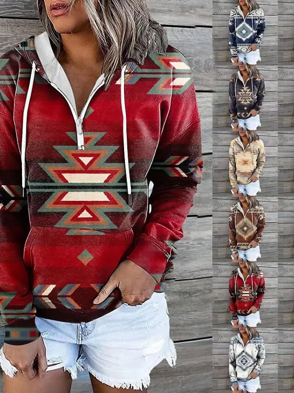 Women's Hoodie Sweatshirt Pullover Vintage Sports Basic Zipper Drawstring Front Pocket Light Yellow Creamy-white smoke grey Geometric Tribal Aztecs Street Casual Hoodie Long Sleeve Top Micro-elastic