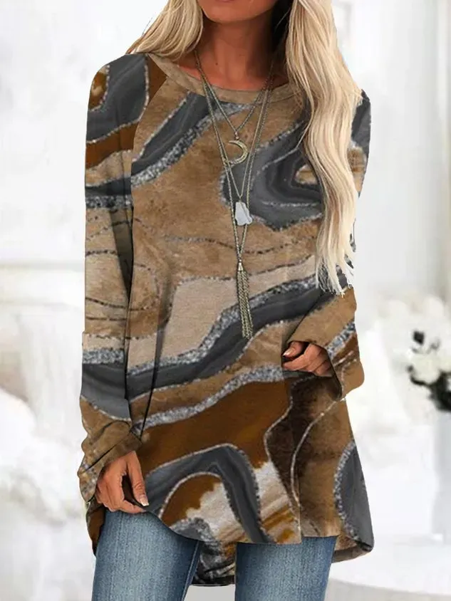 Crew Neck Long Sleeve Random Print Regular Medium Elasticity Loose Shirt For Women