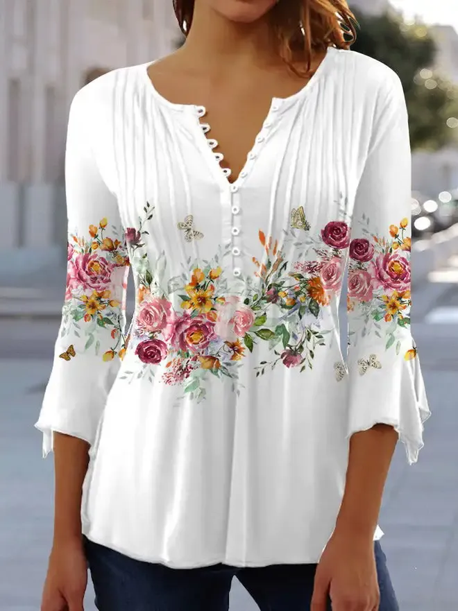 Women 3/4 Sleeve V-neck Floral Printed Tops