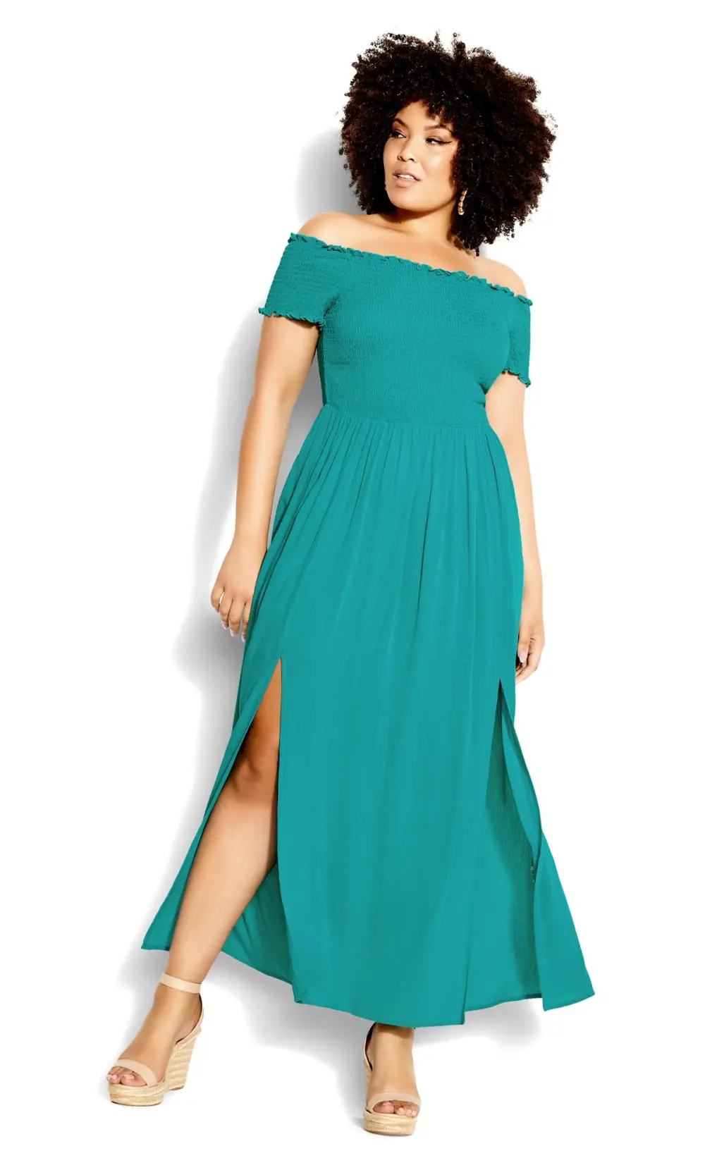 Evans Green Bardot Shirred Maxi Dress