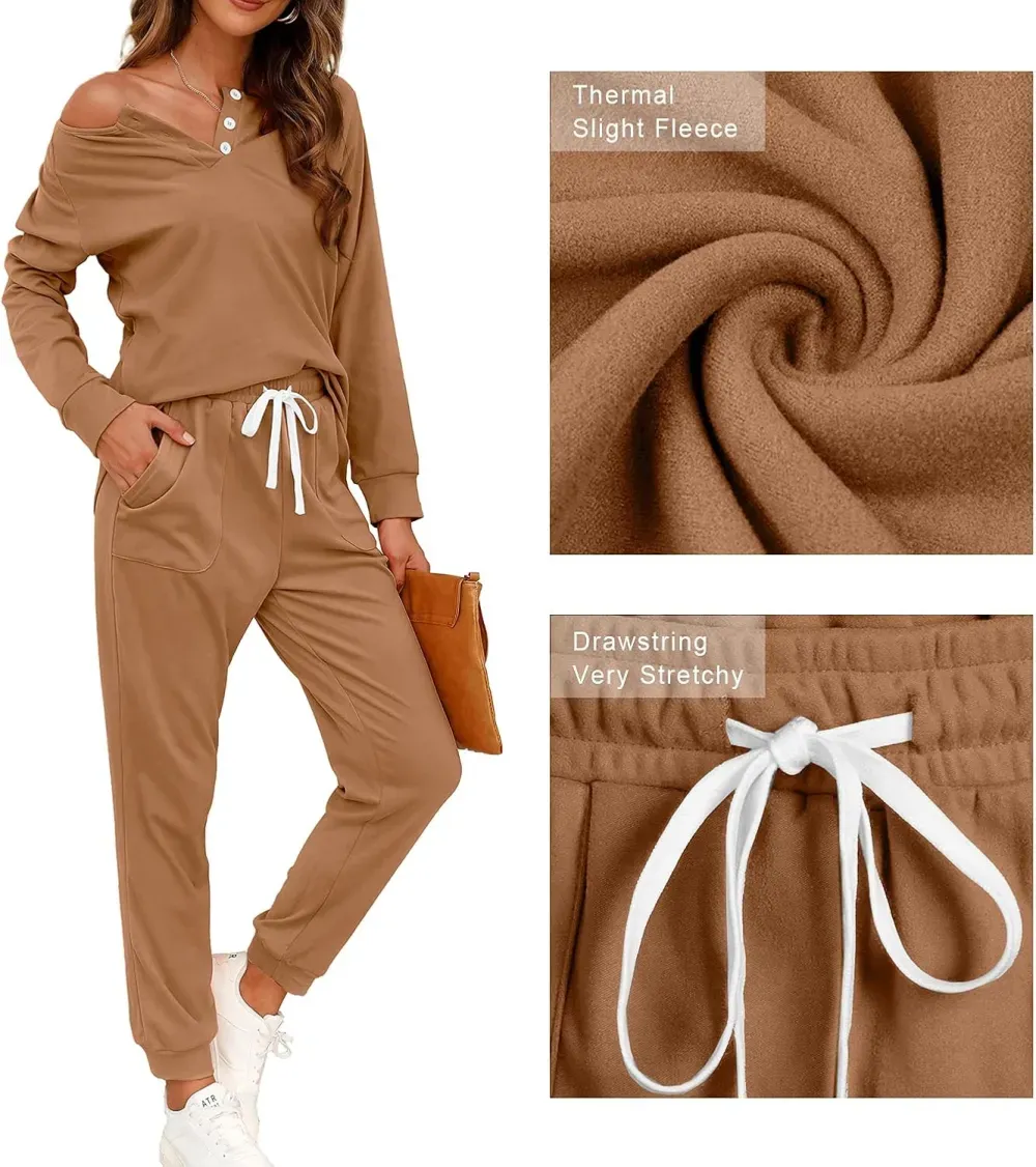 Two Piece Outfits for Women Lounge Sets Button Down Sweatshirt Sweatpants Sweatsuits Set with Pockets