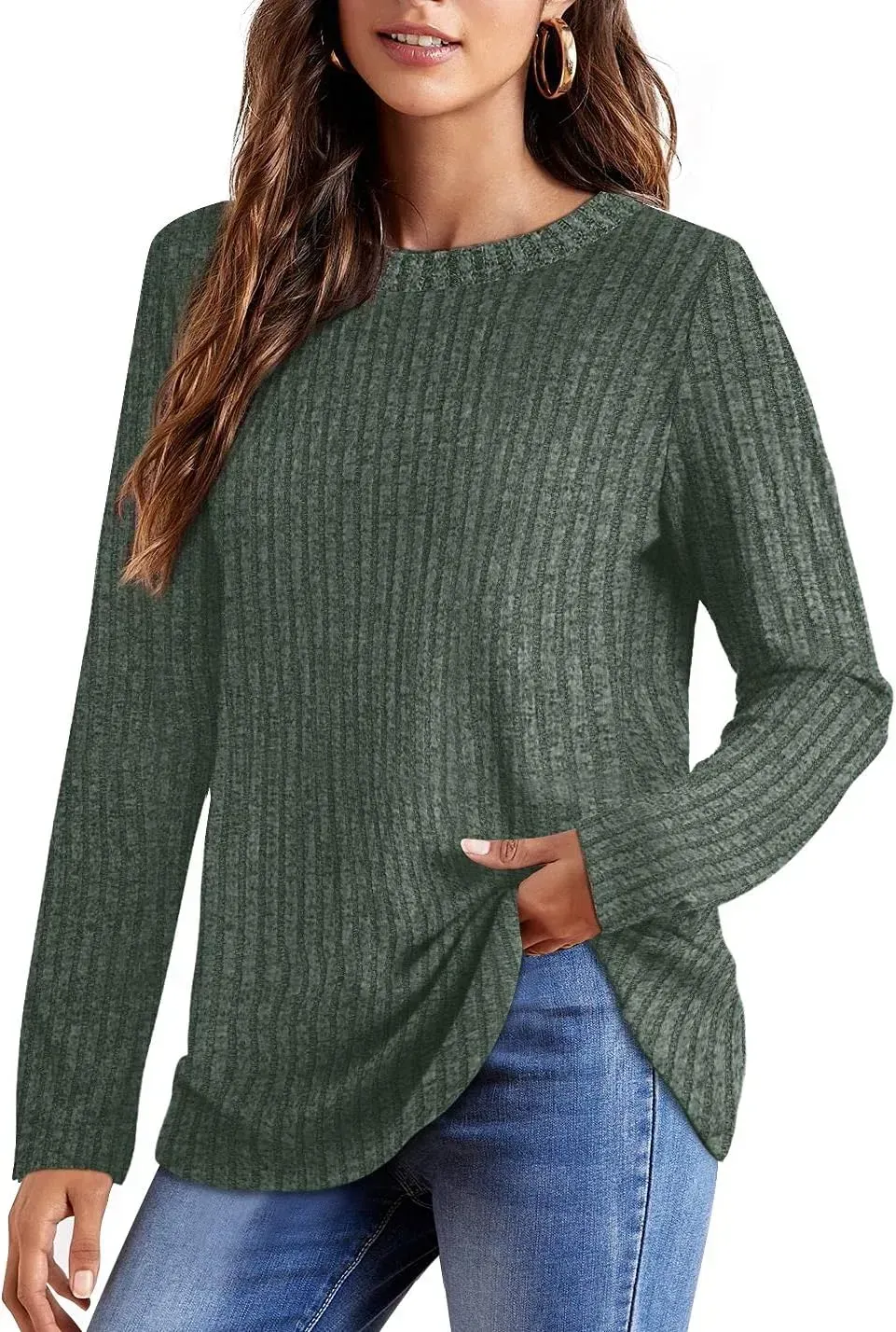 OFEEFAN Long Sleeve Shirts for Women Lightweight Crew Neck Casual Tunic Tops