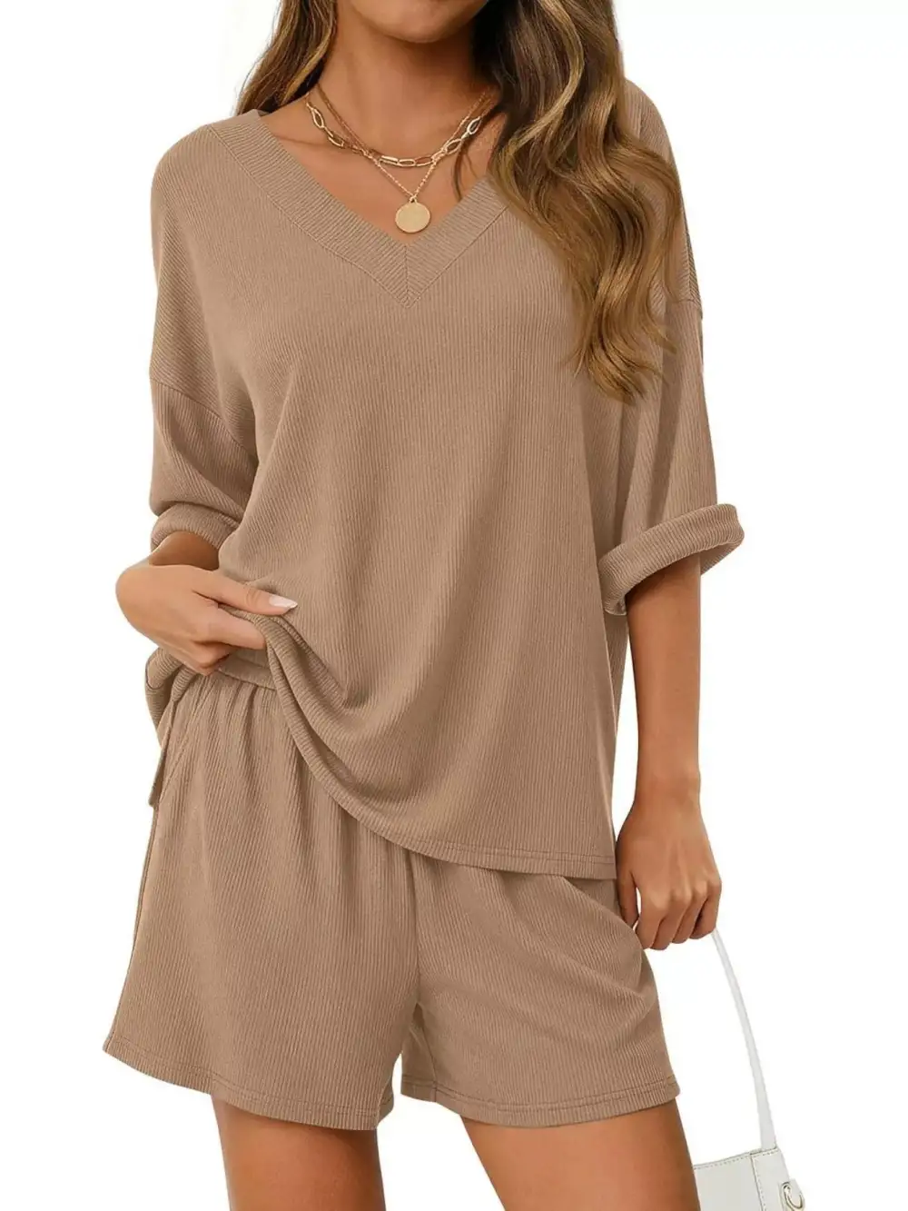 Casual V Neck Top Shorts Set