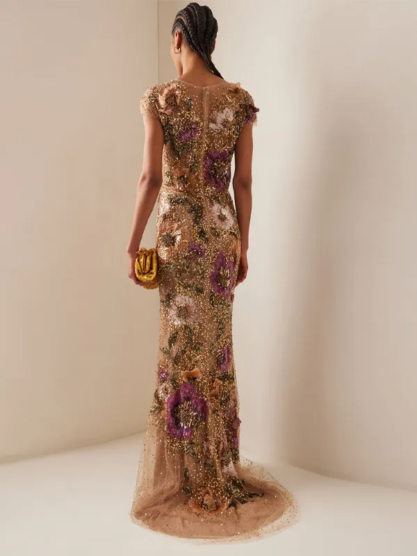 Round Neck Sequined Print Sheath Maxi Dress