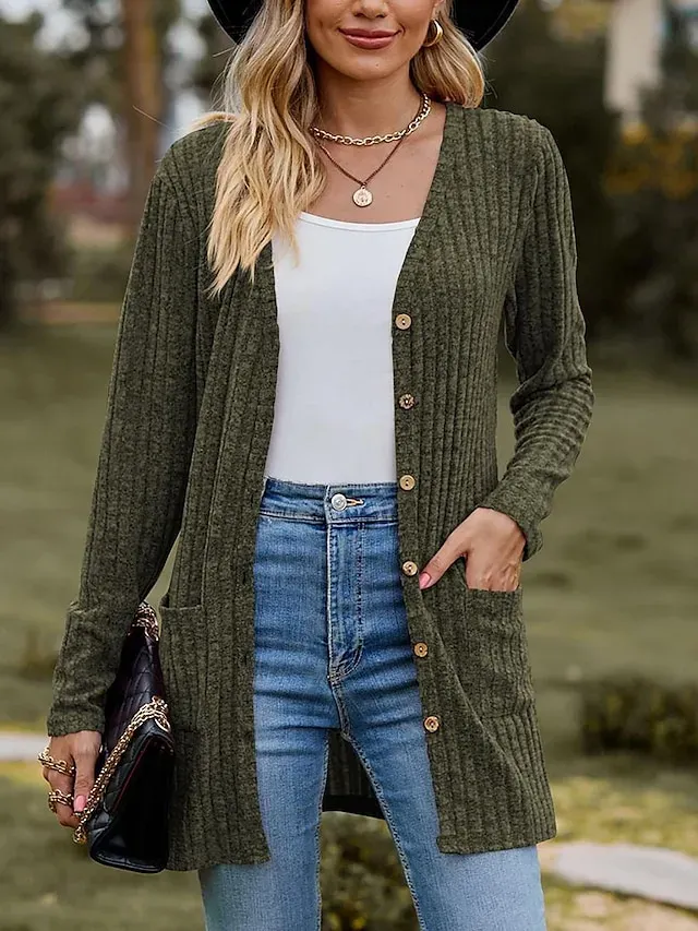 Women's Cardigan Casual Solid Color Plain Ribbed Asymmetrical V Neck Buttons Pocket Twisted Long Sleeve Regular Tops Knit Daily Wine Army Green Spring Fall