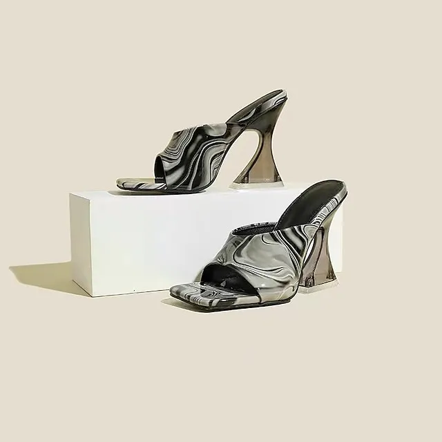 Women's Mules Daily Summer High Heel Open Toe Casual PU Leather Loafer Black Rainbow