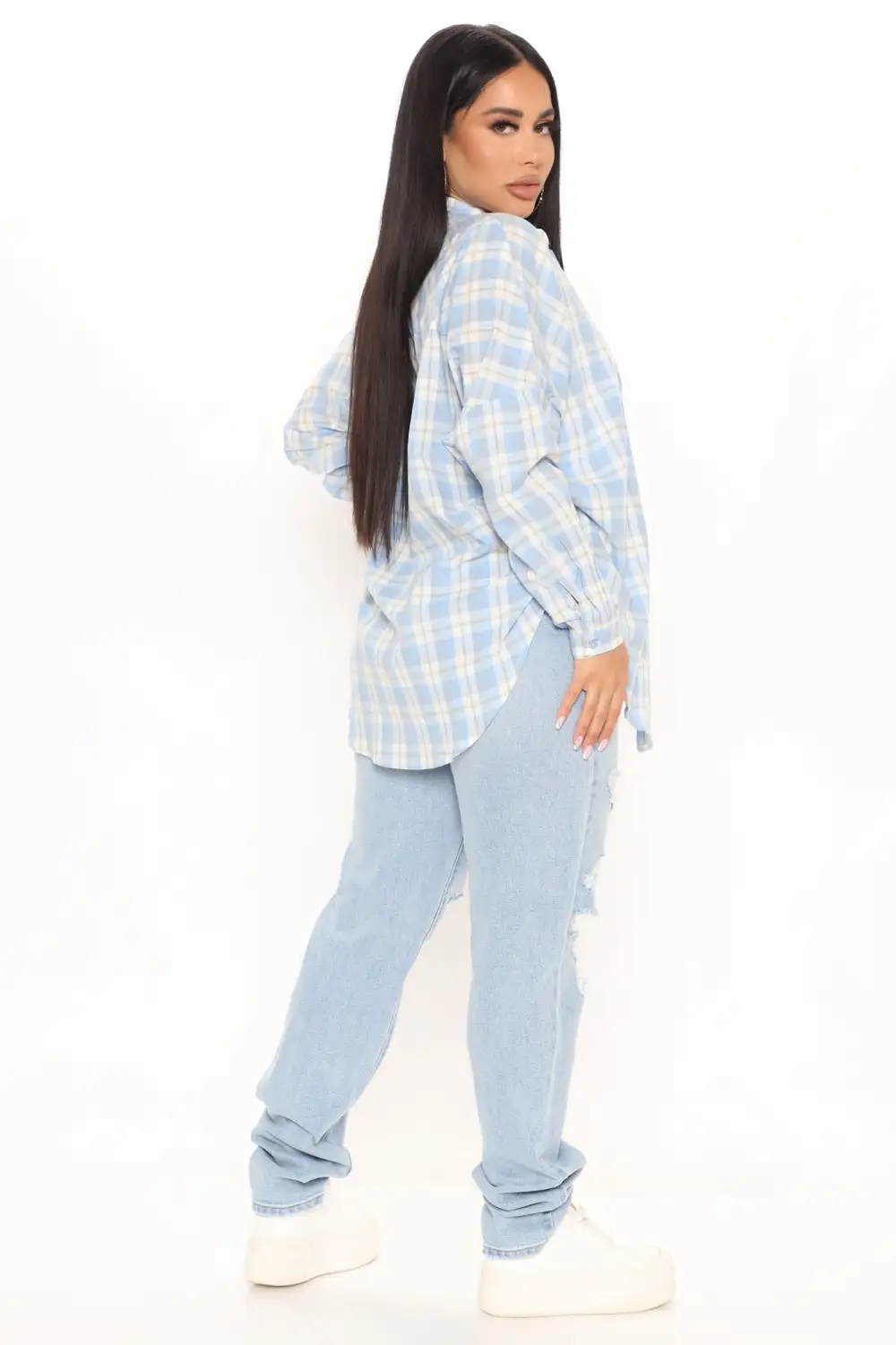 Giddy Up Over Size Plaid Shirt - Blue/combo