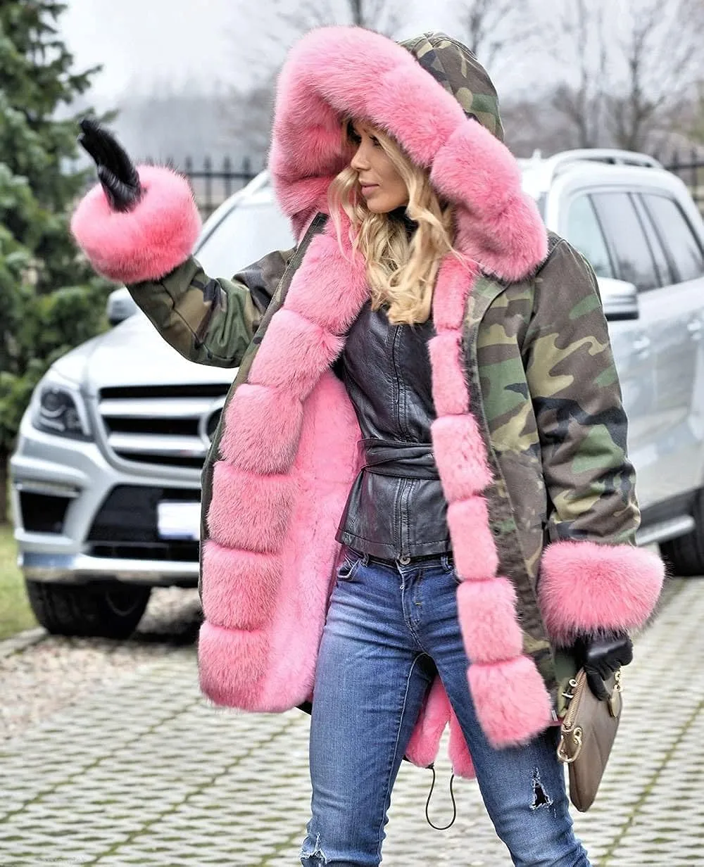 Womens Hooded Camouflage Warm Winter Coats Faux Fur Jacket Parka Overcoat