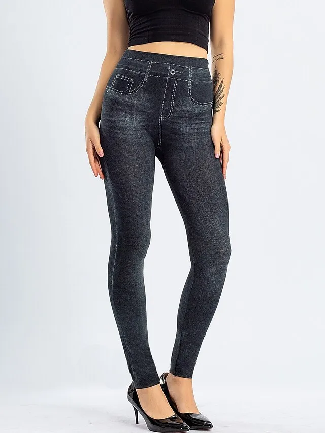 Women's Leggings Faux Denim Ankle-Length Stretchy High Waist Fashion Casual Weekend Black Blue S M