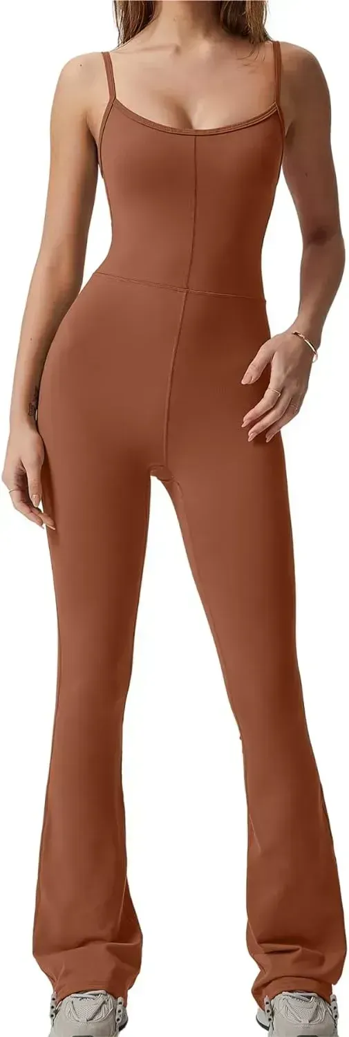 Flare Jumpsuits for Women Spaghetti Straps Scoop Neck Bodycon Full Length Casual Unitard Playsuit