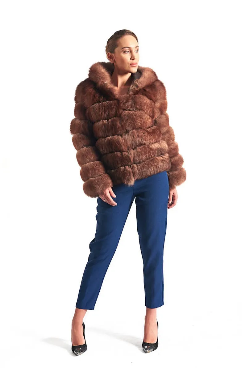 Brown  Fox Fur Coat Women's Hooded
