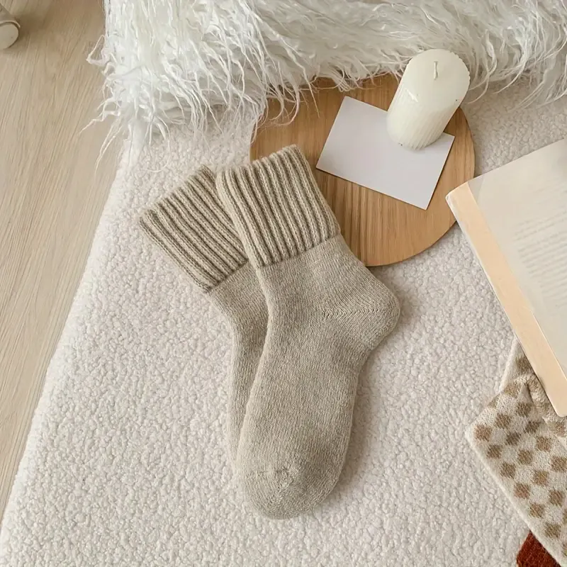 5pcs Cozy Thick Terry Winter Socks for Women, Mid-Calf Warm Snow Socks in Beige & Brown, Soft Polyester Blend, Solid Color, Perfect for Cold Weather, Cute Socks