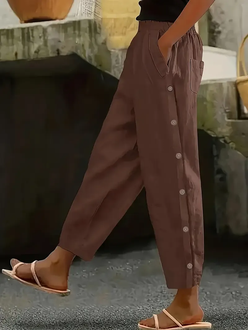 Women's Casual Button-Up Pants with Pockets - Straight Leg Polyester Blend, Brown, Elastic Waistband, All-Season Comfort, Elegant Design for Casual Attire, Cute Pants