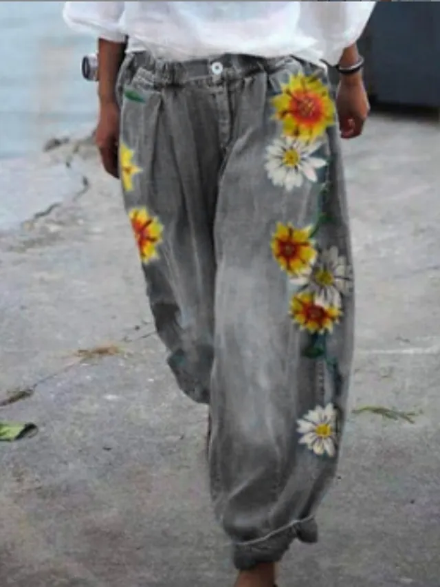 Women's Joggers Pants Trousers Baggy Faux Denim Mid Waist Fashion coastal grandma style Casual Weekend Print Micro-elastic Full Length Comfort Flower / Floral