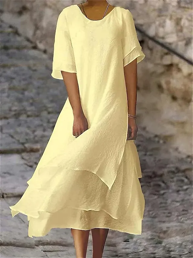 Women's Casual Dress Cotton Linen Dress White Cotton Dress Midi Dress Layered Basic Daily Crew Neck Half Sleeve Summer Spring White Yellow Plain
