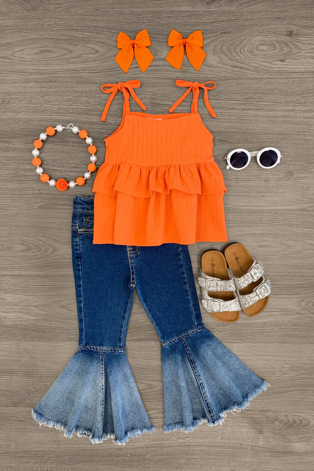 Orange Tie Tank Denim Bell Bottom Set