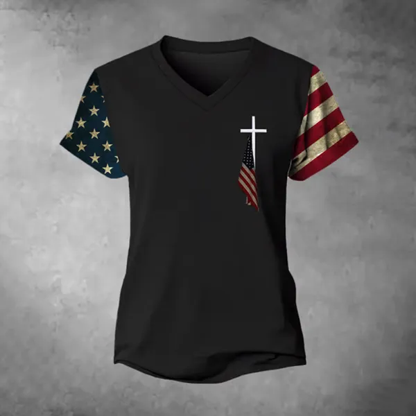 Women's Flag Cross Print V-neck T-shirt