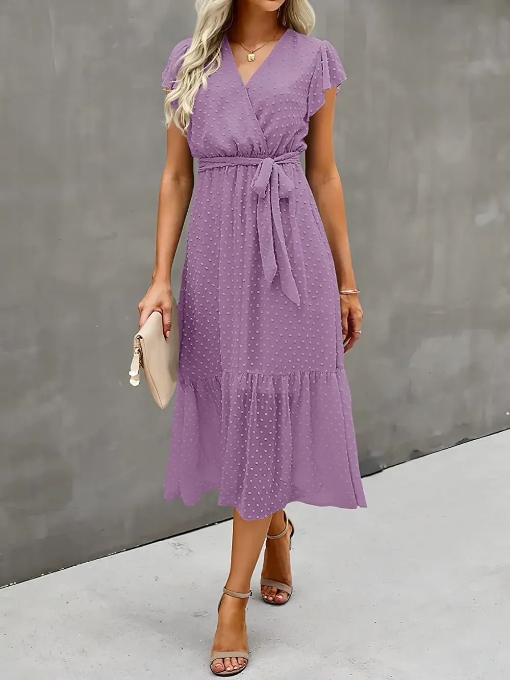 Women Summer Bohemian Floral Casual Wrap V Neck Ruffle Cap Sleeveless Belt A-Line Pleated Hem Swing Midi Sun Dress