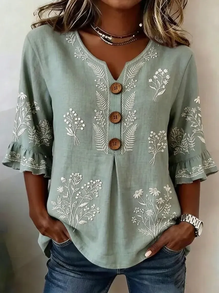 Women's Nashville Floral Embroidered Buttoned V-Neck Top