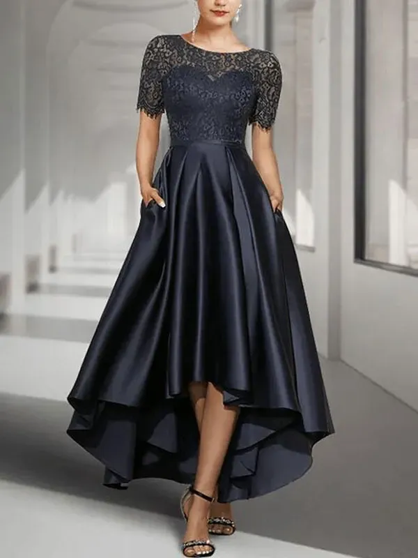 A-Line Scoop Neck Asymmetrical Satin Lace Mother of the Bride Dress With Pockets