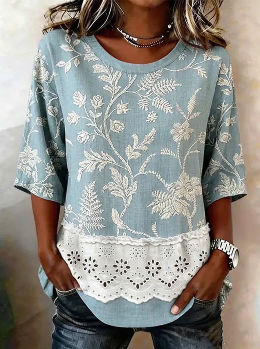 Women's Nashville Floral Embroidery Lace Trim Printed Top