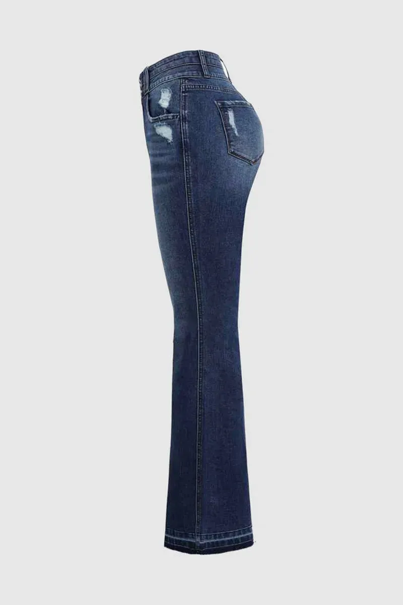 Dual Button Ripped Raw Hem High Rise Bootcut Jeans