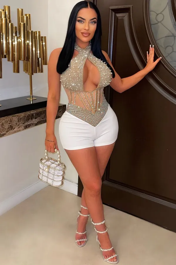 Cross Halter Cutout See Through Corset Stitching Rhinestone Romper Playsuit