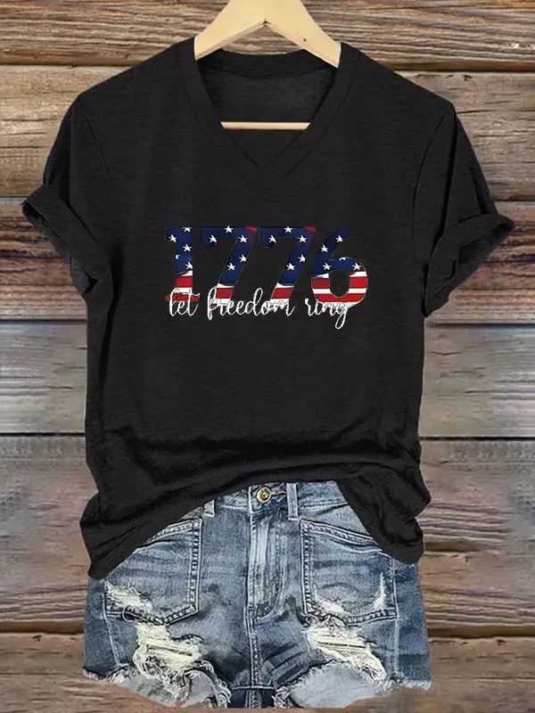 Women's America 1776 Land Of The Free Print Short Sleeve Round Neck Cotton T-Shirt