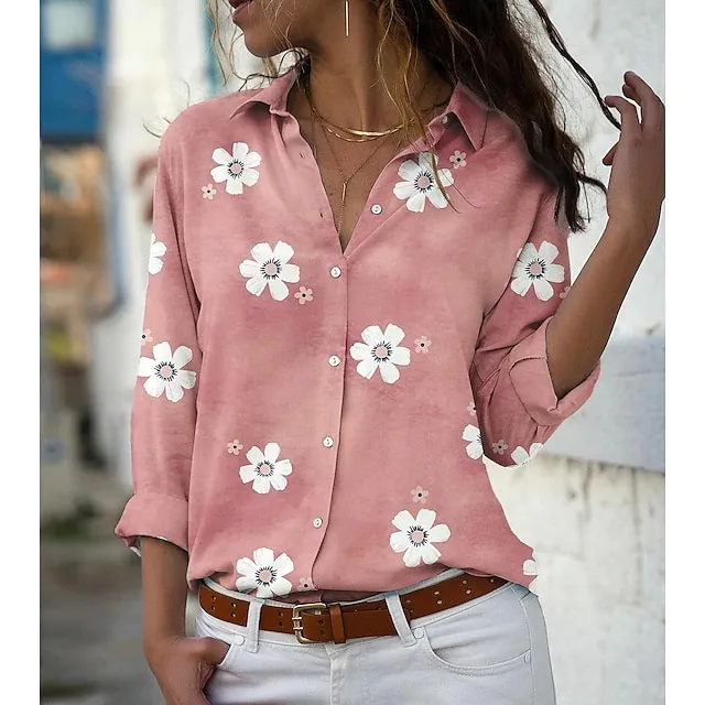 Women's Blouse Floral Floral Print Pink Blue Green Button Long Sleeve Daily Basic Shirt Collar Spring Fall Spring, Fall, Winter, Summer