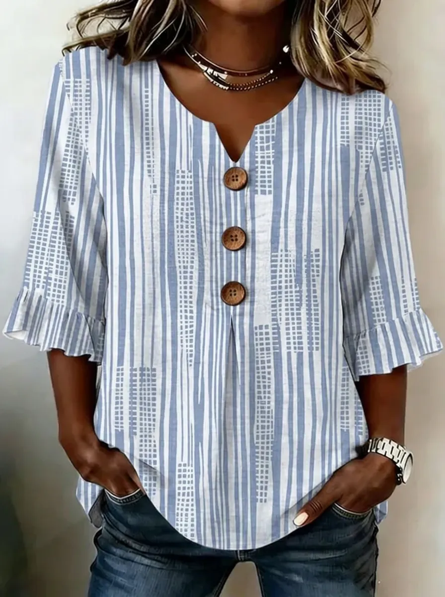 Women's Nashville City Skyline Striped Button Printed V-neck Top