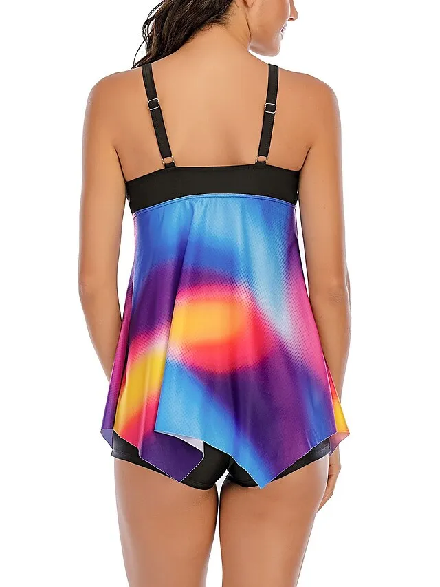 Women's Swimwear Tankini Swim Dress 2 Piece Plus Size Swimsuit 2 Piece Modest Swimwear Open Back Stripe Printing Stripes / Ripples Blue Purple Camisole V Wire Bathing Suits New Vacation Fashion