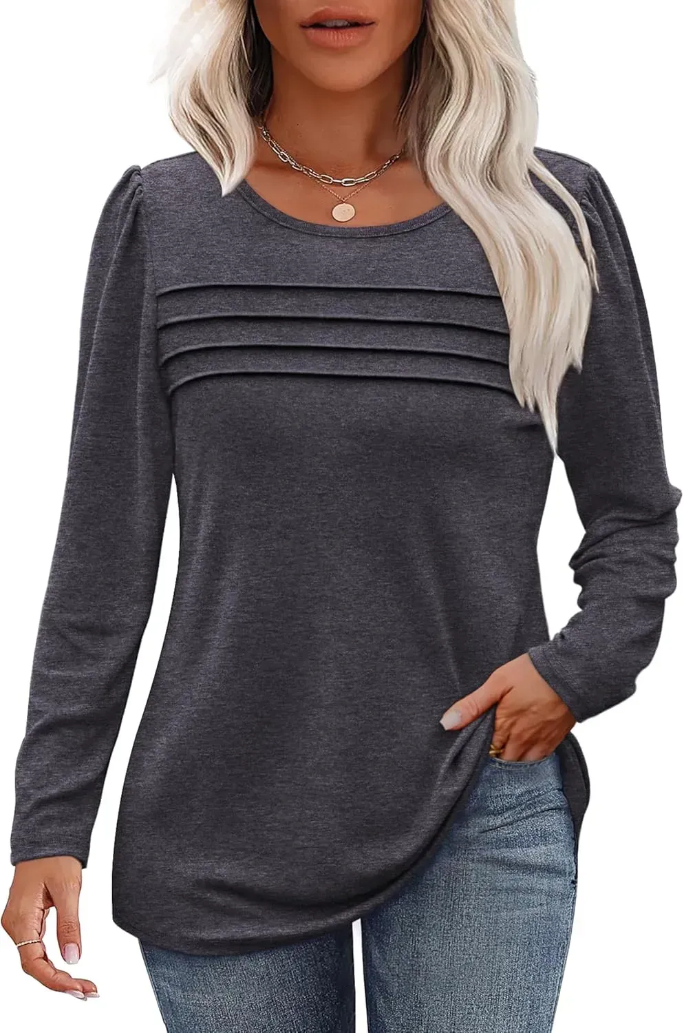 OFEEFAN Long Sleeve Shirts for Women Fall Fashion 2024 Dressy Casual Blouses Trendy Pleated Tunic Tops for Leggings