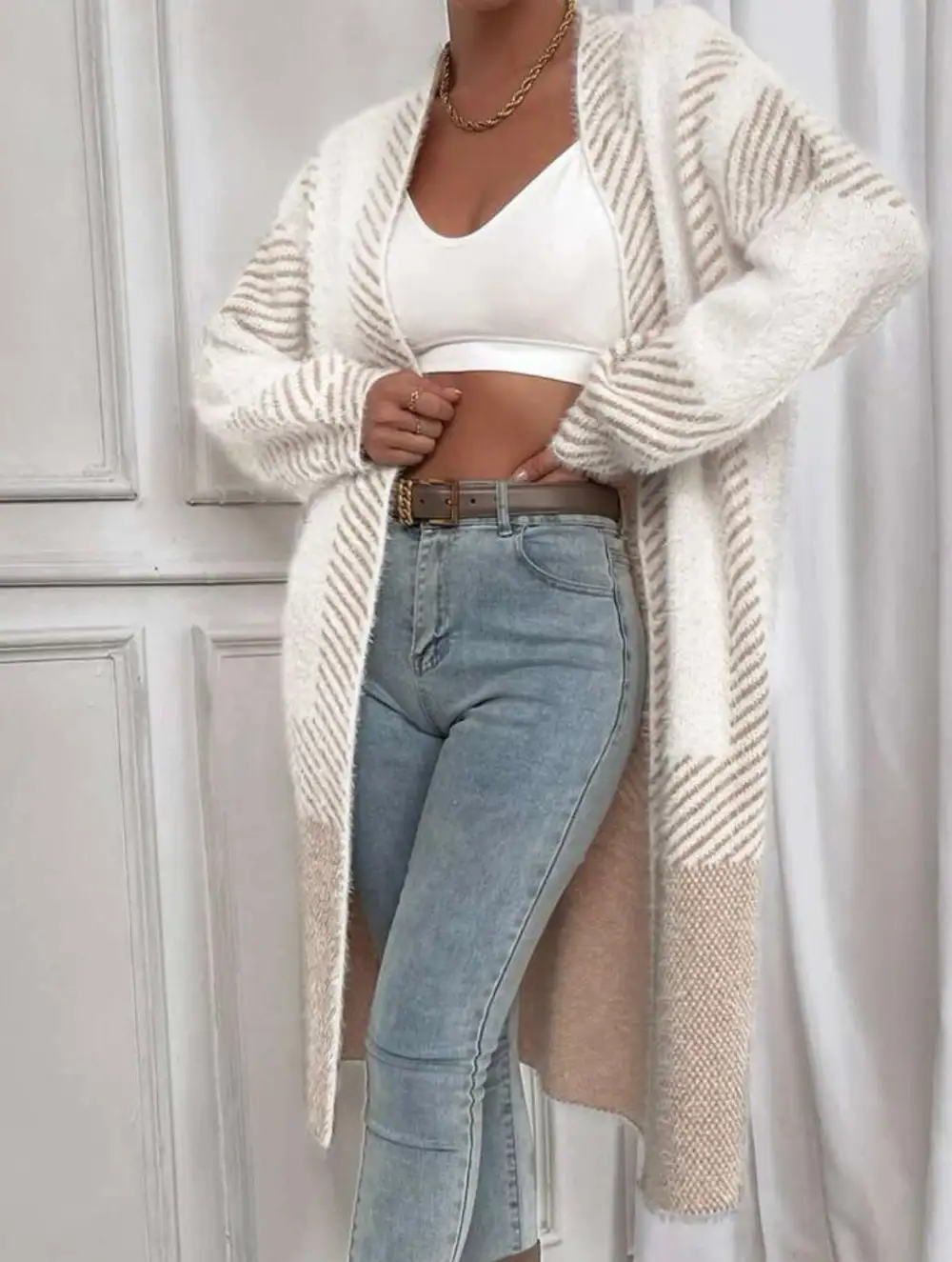 Long Fuzzy White & Brown Cardigan