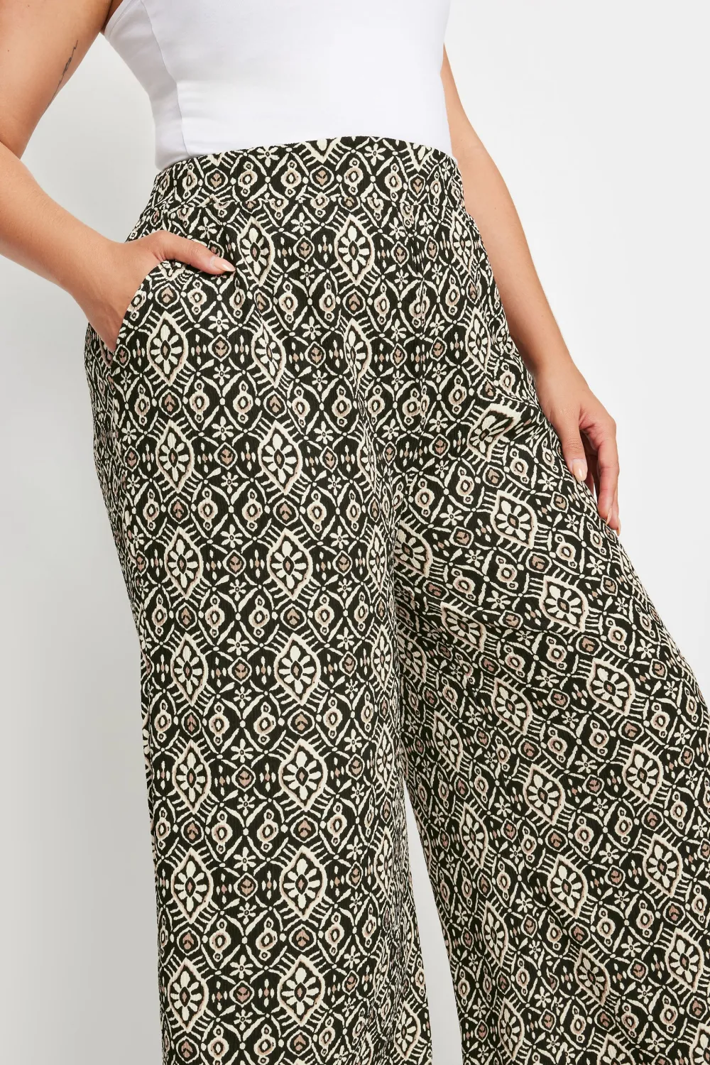 YOURS Curve Dark Grey Abstract Print Textured Wide Leg Trousers