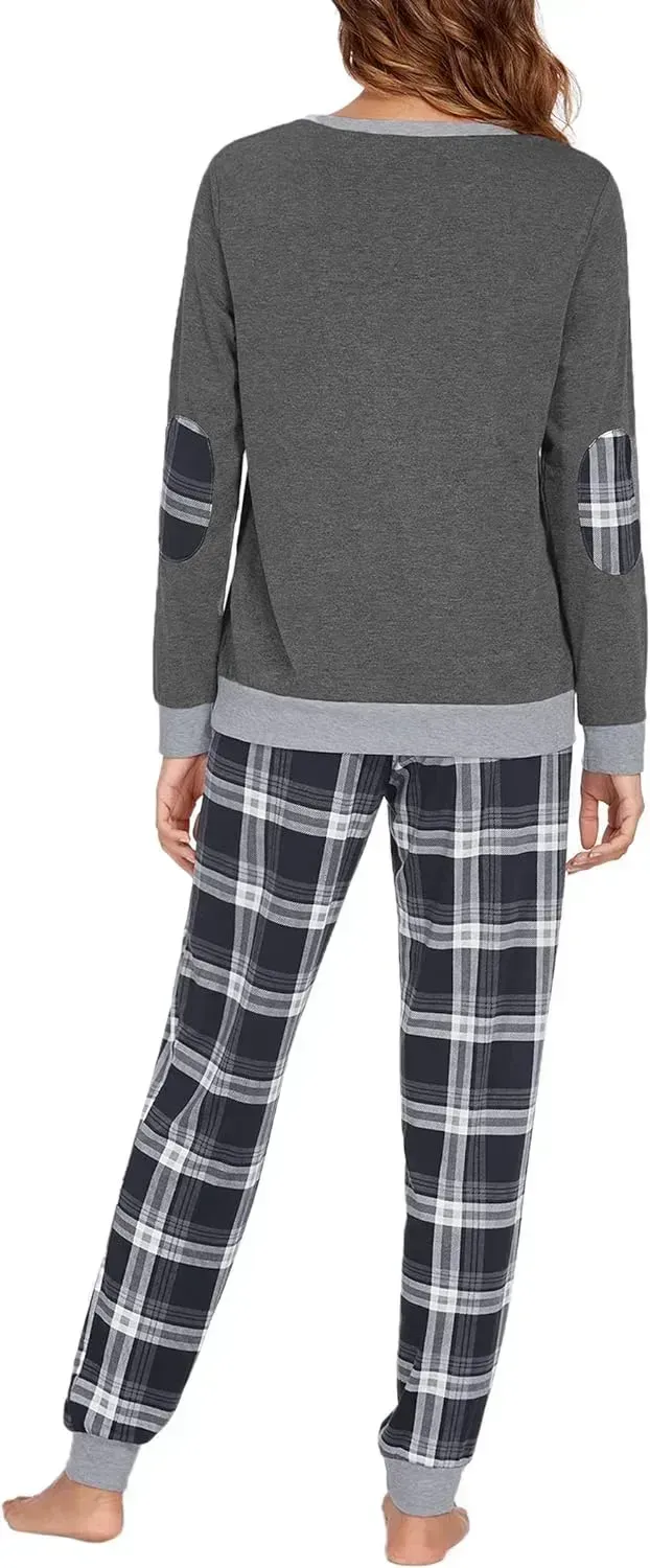 Women's Pajamas Sets Long Sleeve with Plaid Pants Soft Sleepwear O Neck 2 Piece Pjs Joggers Loung Set with Pockets