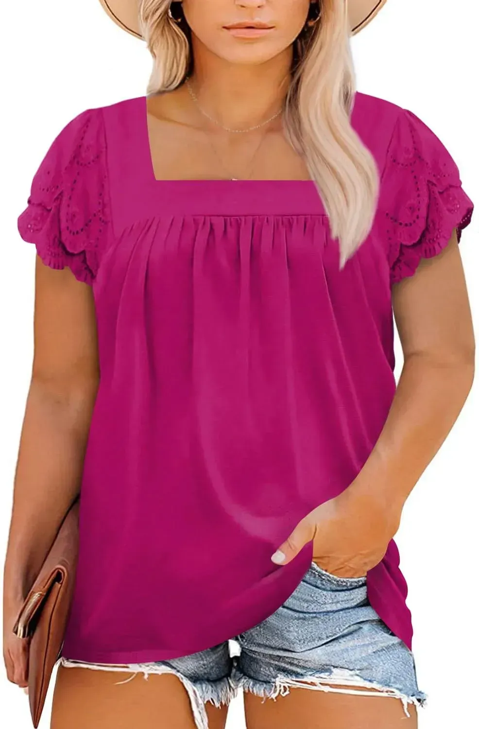 Eytino Womens Plus Size Tops Ruffle Short Sleeve Square Neck Summer Loose Casual Tee Shirts(1X-5X)