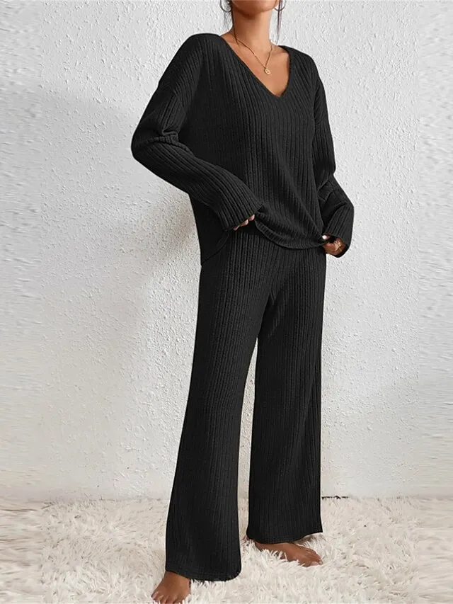 Women's Loungewear Sets Pure Color Casual Comfort Soft Home Daily Vacation Polyester Breathable V Wire Long Sleeve Sweater Pant Fall Winter Black Brown