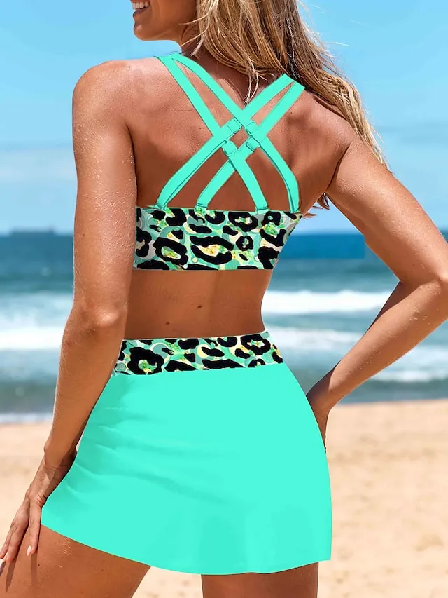 Women's Swimwear Bikini Normal Swimsuit 2 Piece Printing Leopard Green Bathing Suits Sports Beach Wear Push Up