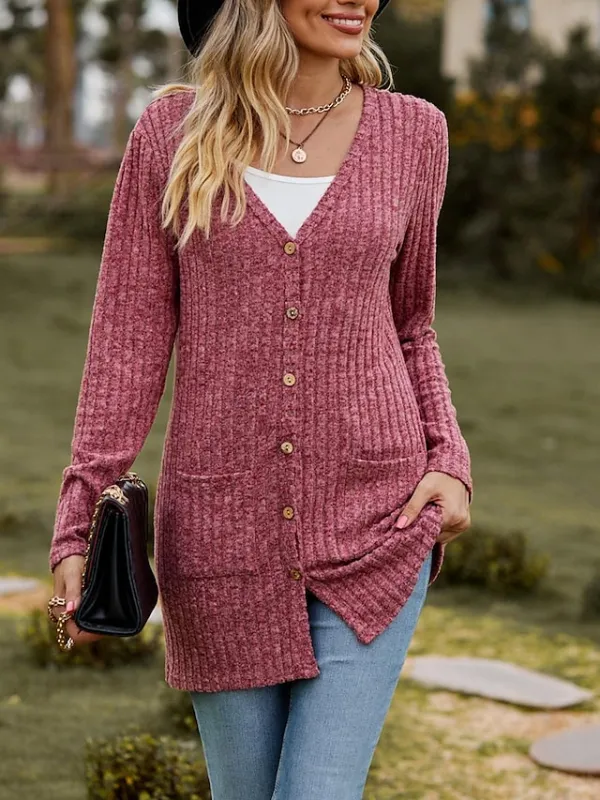 Women's Cardigan Asymmetrical V Neck Ribbed Knit Button Pocket Twisted Spring Fall Daily Casual Long Sleeve Solid Color Plain Wine Army Green