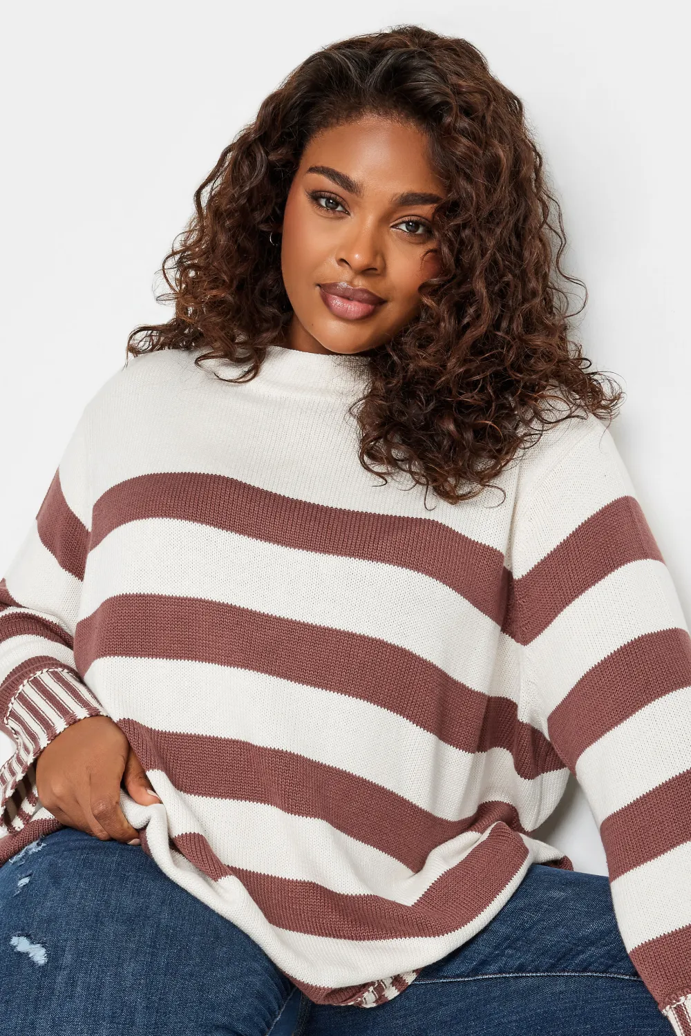 YOURS Curve White & Brown Stripe Jumper