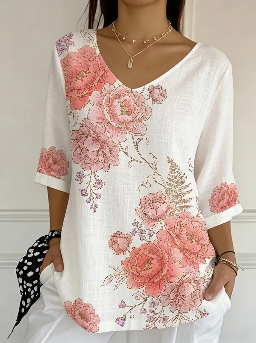 Women's Nashville Floral Peony Printed V-neck Top