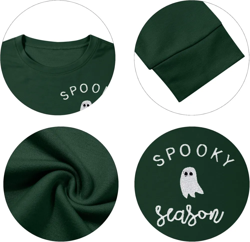 LOTUCY Halloween Sweatshirt Women Cute Spooky Season Sweatshirts Ghost Fall Embroidered Sweater Pullover Top
