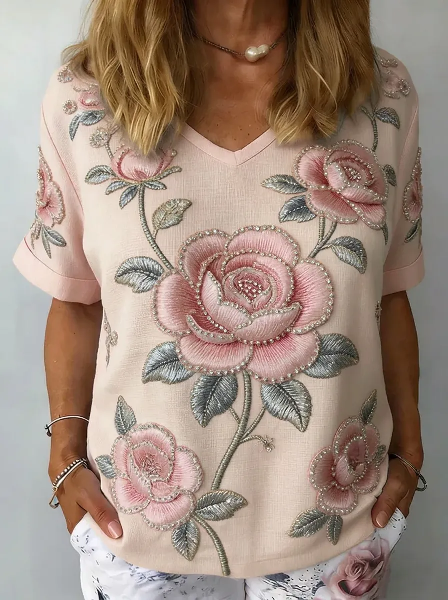 Women's Nashville Floral Rose Embroidered Printed T-shirt