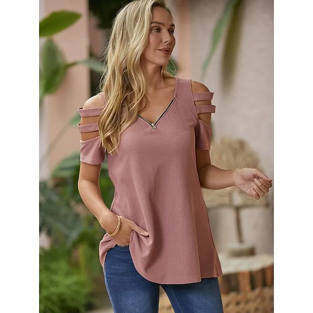 Blouse Women's Pink Plaid Zipper Cut Out Street Going out Basic V Neck S