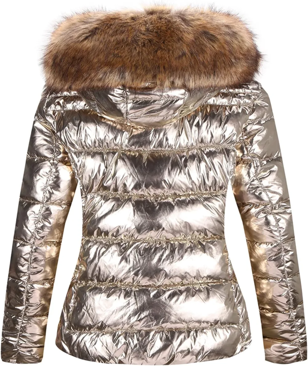 Womens Lightweight Puffer Jacket, Winter Coats for Women Warm Quilted Bubble Padded Hood Coat with Faux Fur Collar