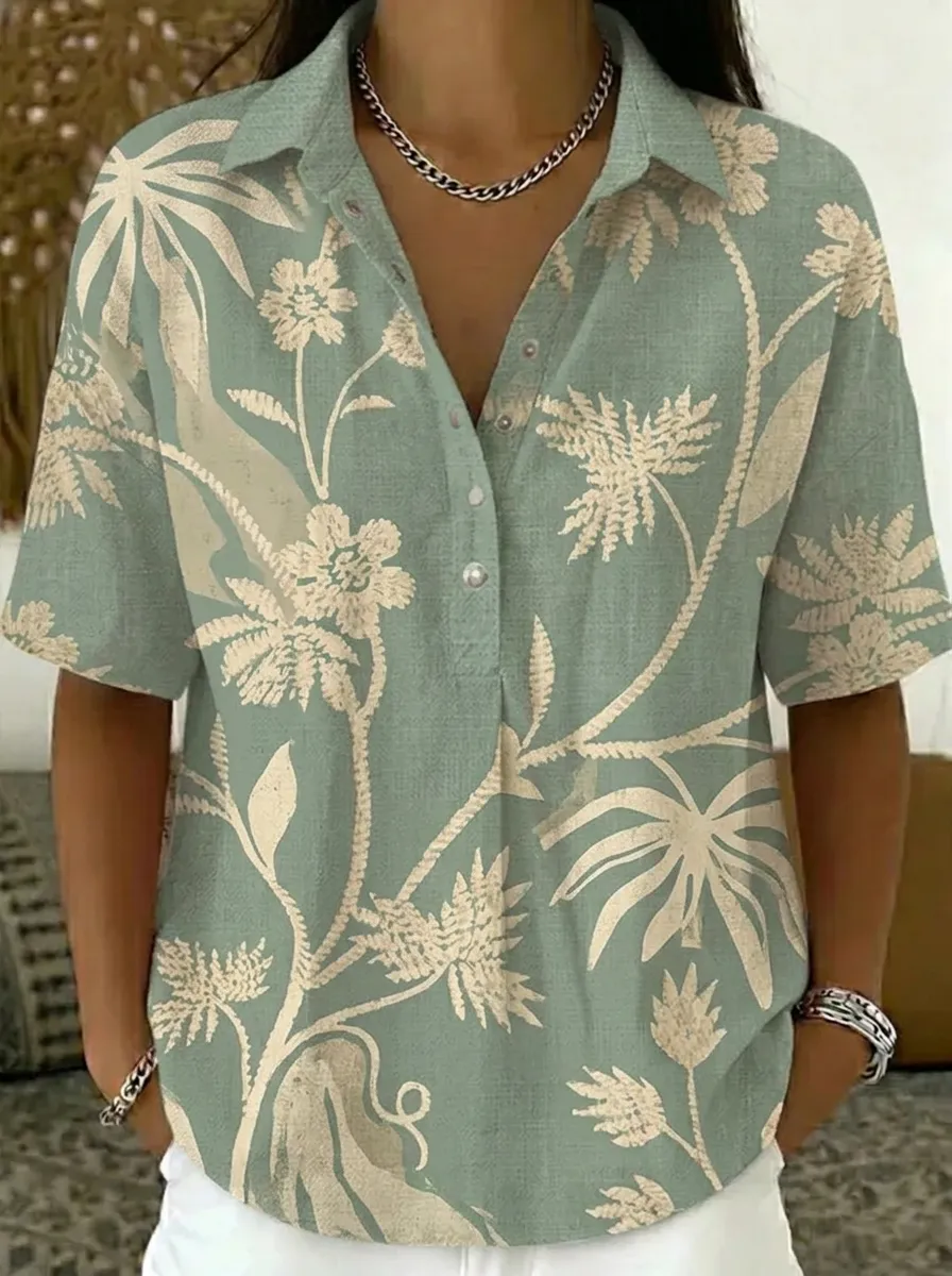 Women's Nashville Floral Botanical Printed V-Neck Shirt