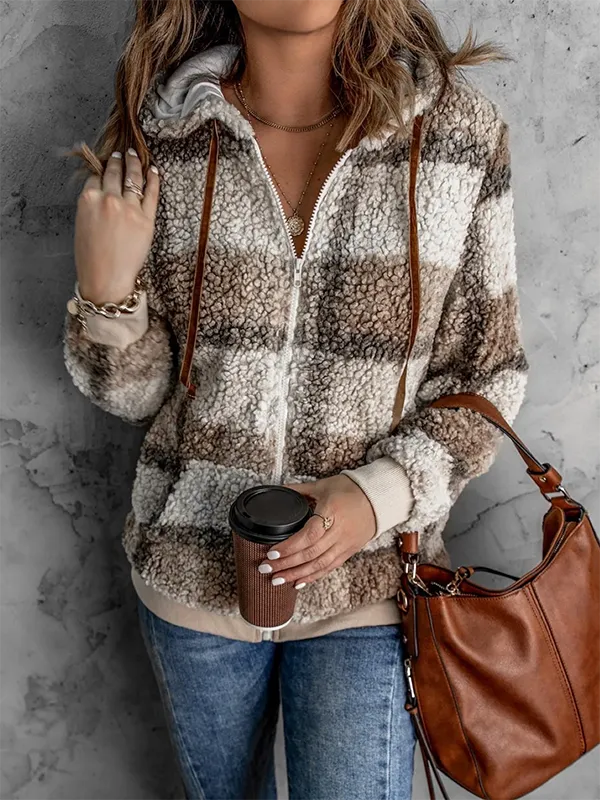 Casual Winter Plaid V neck No Elasticity Daily Loose Regular Regular Teddy Jacket for Women