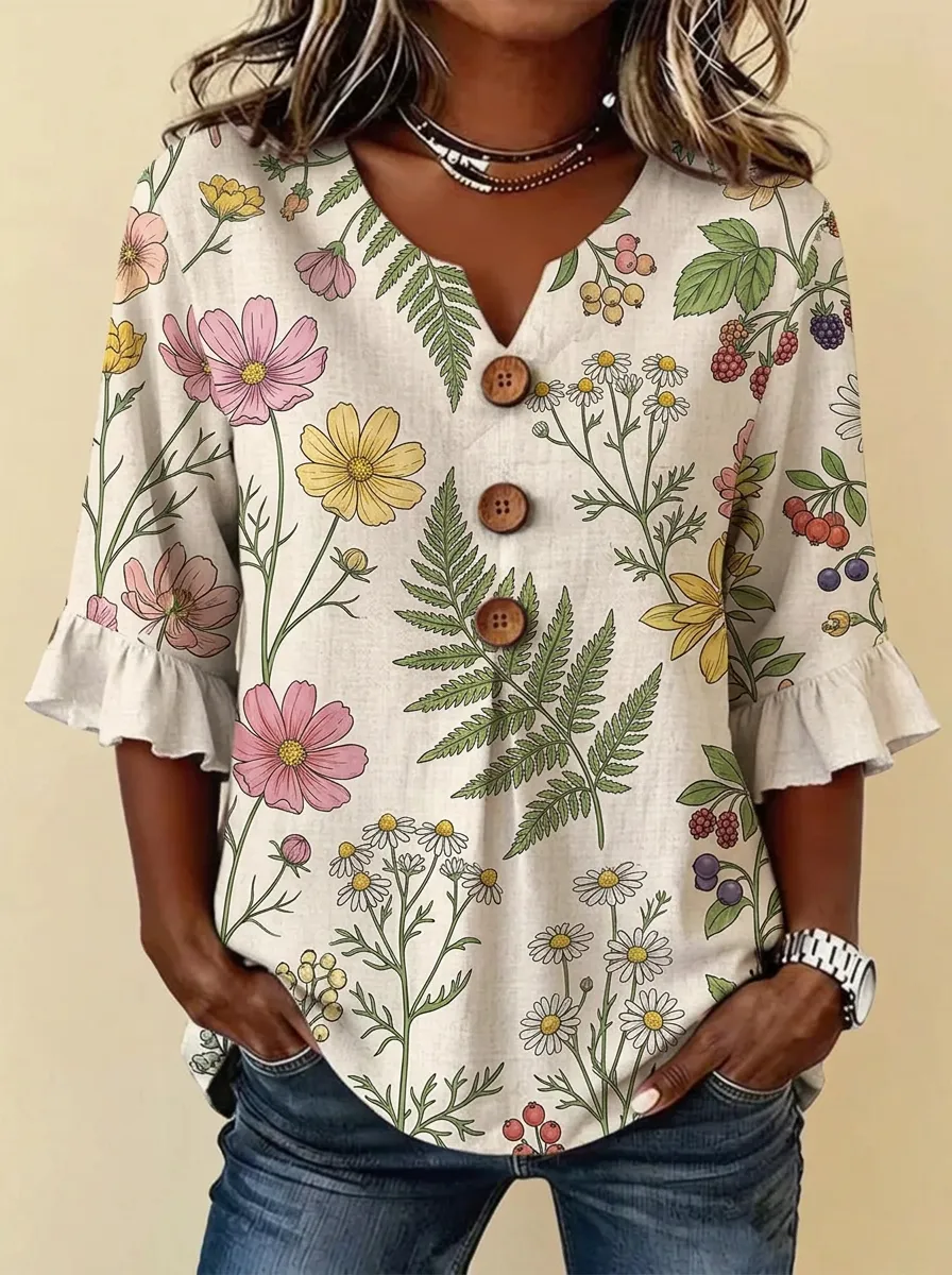 Women's Nashville Botanical Wildflower Printed V-Neck Button Top