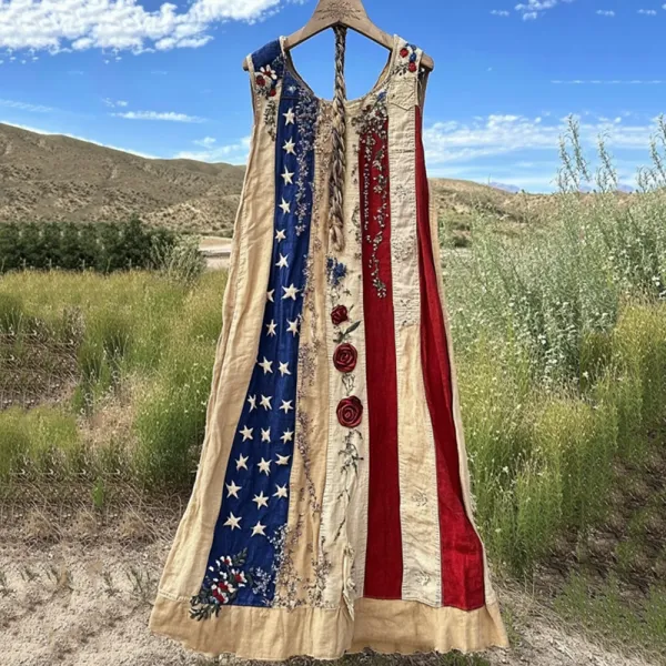 Vintage Independence Day Flower Inspire Linen Maxi Dress
