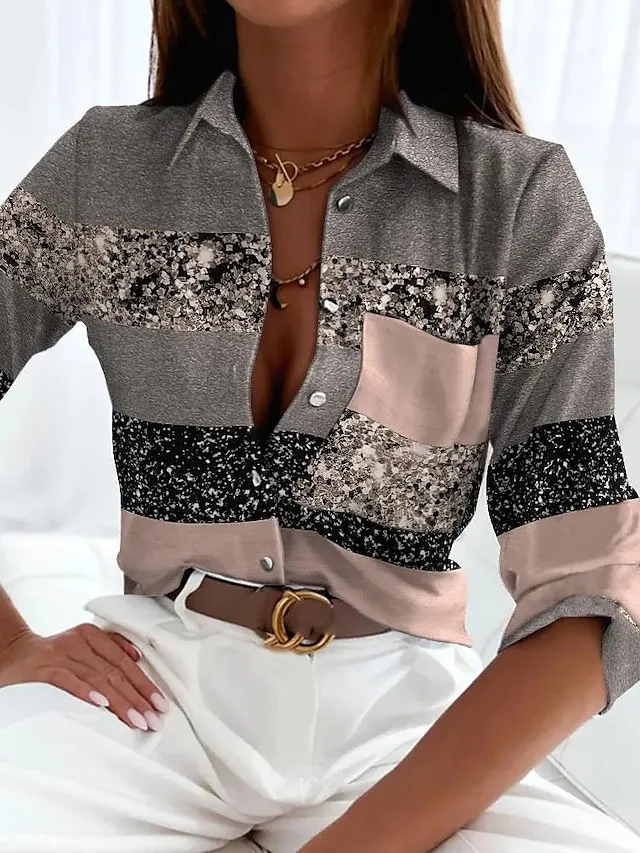 Women's Shirt Blouse Black Gray Color Block Button Print Long Sleeve Casual Basic Shirt Collar Regular Fit Spring Fall